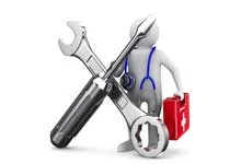 3D figure with a stethoscope holding a red medical kit, standing behind large wrench and screwdriver. Represents IT support.