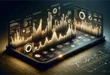 A 3D illustration of a smartphone with digital sound mixer interface with glowing audio waveforms in golden color