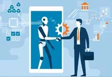 A businessman shakes hands with a robot emerging from a smartphone, symbolizing collaboration. Background includes digital icons and network connections.