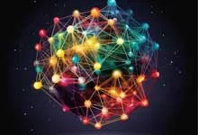 A colorful, abstract network sphere with interconnected glowing nodes in red, pink, blue, green, yellow, orange color on a dark background, conveying a sense of complexity and innovation.