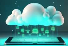 A digital cloud hovers over a smartphone, emitting green glowing data icons. The scene conveys a futuristic, technological theme of cloud computing.