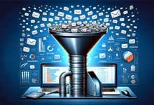A digital funnel channels numerous emails into two laptops, surrounded by data charts and graphs, symbolizing data processing and analysis.