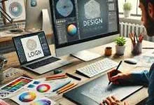 A graphic designer works at a desk with a drawing tablet, surrounded by color charts and two monitors displaying a logo and design software. The scene is creative and focused.