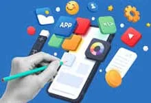 A hand holding a pencil interacts with a smartphone, surrounded by floating app icons and digital elements, conveying tech creativity and innovation.