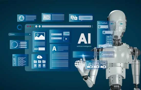 A humanoid robot interacts with floating digital interfaces displaying AI-themed graphics, charts, and text, conveying a futuristic, tech-focused atmosphere.