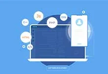 A laptop on a blue background displays code. Icons for programming languages like HTML, PHP, and CSS float around, suggesting software development.