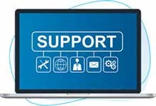 A laptop screen displays a blue background with the word SUPPORT in bold white letters. Below are five icons representing tools, internet, people, email, and settings.