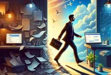 A man with a briefcase walks from a cluttered, dark office into a bright, organized space with a laptop and plants, symbolizing transition and positivity.