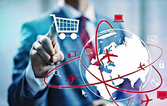 A person in a suit touches a virtual screen with shopping cart and airplane icons over a globe, symbolizing global e-commerce and travel.