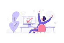 A person stretches with joy at a desk, facing a computer displaying a red check mark. The scene is minimalist with pastel colors and conveys success.