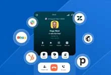 A smartphone screen displaying a video call interface with app icons around it and the background of the image is blue in color