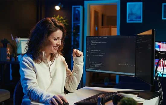 A woman in a cozy room smiles and fist-pumps while checking the coding at her computer. The glow from the screen highlights her enthusiasm and focus.