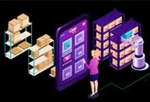A woman interacts with a large smartphone in purple color displaying logistics apps, surrounded by shelves of boxes and a robotic arm, set against a black background.
