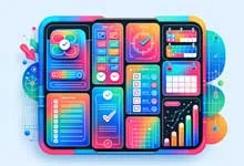 An illustration of pink, blue, green, red, yellow and orange color that show a stylized smartphone with various vibrant app icons and abstract shapes.