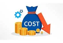Blue money bag labeled COST surrounded by stacks of gold coins, next to a large red downward arrow, symbolizing cost reduction and savings.