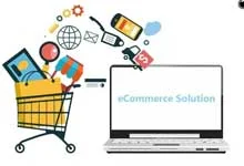 Colorful Shopping cart overflowing with icons like a globe, smartphone, and credit cards, facing a laptop screen displaying eCommerce Solution. Visualizes online shopping.