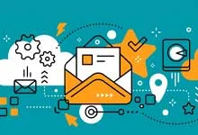 Colorful illustration of digital communication. An open envelope surrounded by clouds, gears, and icons on a teal background. Modern and dynamic tone for email marketing