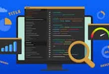 Computer monitor displaying colorful code with a magnifying glass over it. Surrounding graphics include charts and metrics, suggesting analysis and data visualization.