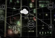 Diagram of a cloud network architecture, illustrating connectivity between devices like phones, servers, and databases overlaid on a dark, abstract background.