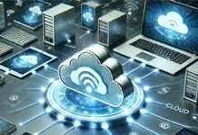 Digital illustration depicting a network of computers and servers connected to a central cloud with a wifi symbol, conveying advanced cloud computing.