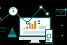 Digital imagery of analytics a computer screen displays bar graphs and charts. Lines and icons symbolize data flow. Tech and analysis theme.