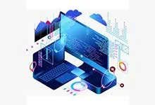 Futuristic digital art of a laptop displaying code, surrounded by abstract tech elements and graphs, conveying innovation and technology themes.