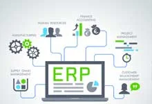 Illustration of ERP system on a laptop, interconnected with icons for manufacturing, finance, human resources, supply chain, and project management.