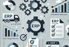 Illustration of ERP systems with gears, charts, and documents. The image conveys a sense of organization and efficiency through interconnected graphics.