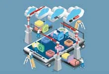 Illustration of a digital cloud computing concept with tiny people working on a smartphone platform, showcasing data storage, management, and technology infrastructure.