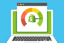 Illustration of a laptop displaying a Shopify logo with a performance gauge in green, yellow, and red. Bright and modern, symbolizing online store analytics.