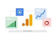 Illustration of a laptop screen displaying various charts and graphs. Includes bar graphs, a line chart, a pie chart, and a security icon, suggesting data analysis.