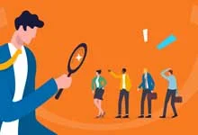 Illustration of a large person holding a magnifying glass, examining three smaller people on an orange background. The scene conveys scrutiny and analysis.