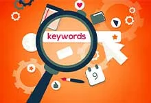 Illustration of a magnifying glass highlighting the word keywords on an orange background. Surrounding are icons like gears, a calendar, and a paintbrush.