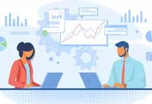 Illustration of a man and woman working at laptops, reviewing charts and graphs. Background features gears and data icons, conveying analysis and teamwork.