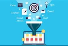 Illustration of a marketing funnel with elements like video, SEO, social media, and email filtering into a laptop, symbolizing digital marketing strategies.