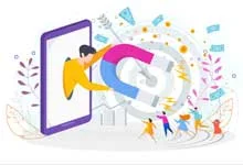 Illustration of a person emerging from a smartphone, holding a large magnet attracting diverse people. Represents digital marketing engagement. Bright and dynamic.
