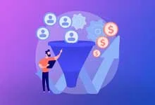 Illustration of a person pointing at a funnel with user icons entering, gears inside, and dollar symbols exiting. Arrows indicate growth. Tone is business-focused.