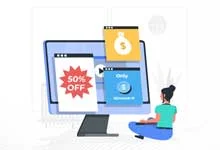 Illustration of a person sitting at a computer with colorful pop-up ads showing four tabs as if they are multitasking conveying urgency and deals.