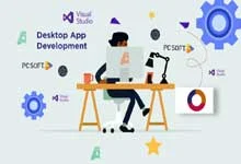 Illustration of a person sitting at a desk with a computer, surrounded by logos like Visual Studio and PC Soft, symbolizing desktop app development.