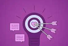 Illustration of a purple dartboard with three arrows hitting a pink heart at the center, surrounded by speech bubbles, symbolizing focus and communication.