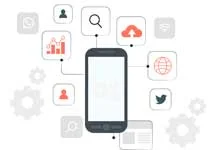 Illustration of a smartphone surrounded by icons charts, search, cloud upload, globe, and social media, connected by lines, suggesting connectivity and technology.