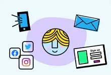 Illustration of a smiling face surrounded by social media icons, a smartphone, an envelope, and a sign-up form, conveying communication and connectivity.