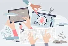 Illustration of a total of 5 hands that are performing different tasks. one is holding a tablet the second typing on a keyboard and the third is adjusting a gear on a screen and another examini