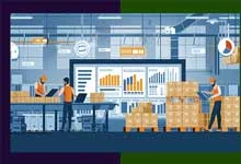 Illustration of a warehouse three workers manage tablets and stack boxes under a large screen displaying bar charts, conveying efficiency and teamwork.
