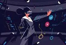 Illustration of a woman in a sleek suit using virtual reality, surrounded by holographic interfaces. The scene is futuristic and dynamic, conveying innovation.