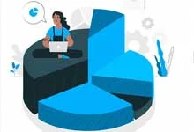 Illustration of a woman with a laptop sitting on a large pie chart. Blue and black segments, gears in the background, creating an analytical atmosphere.