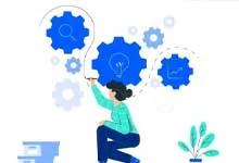 Illustration of a women in sea-green sweater with a blue trouser sitting and drawing blue gears with a pen. The gears contain icons like a lightbulb and a graph. A plant sits beside them,
