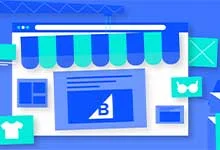 Illustration of an online storefront with a striped awning and digital icons for clothing, glasses, and packages on a blue background, conveying e-commerce.