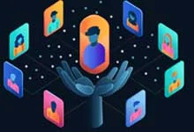 Illustration of digital avatars connected by lines, surrounding a central figure held by open hands. Represents connection and support in a virtual community.