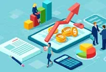 Illustration of financial growth with coins, an upward arrow on a tablet, charts, a calculator, and tiny people in discussing graphs, working together, conveying economic success.